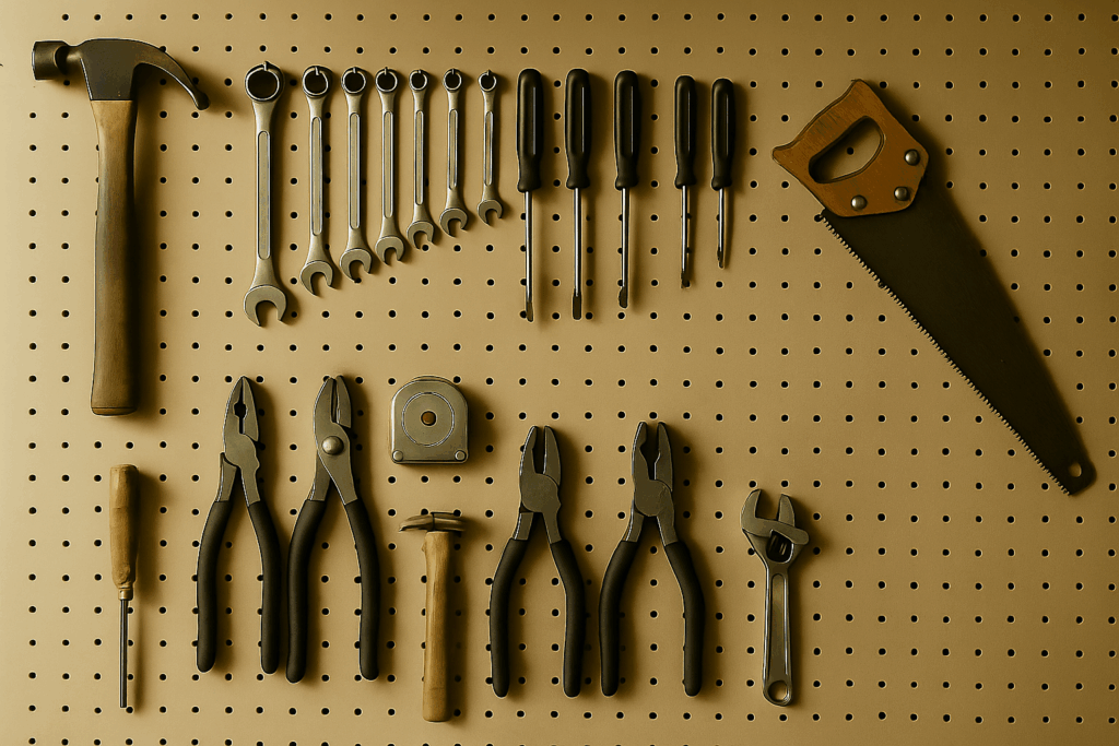 An einer Werkzeugwand ist eine Säge schräg aufgehängt